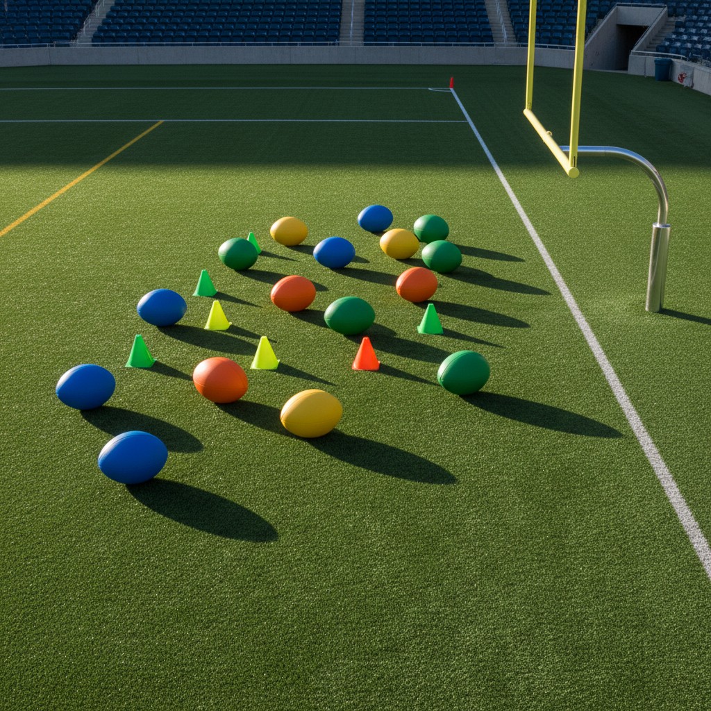 A football field with a row of colorful practice balls and cones, arranged on the artificial turf near the goal line.